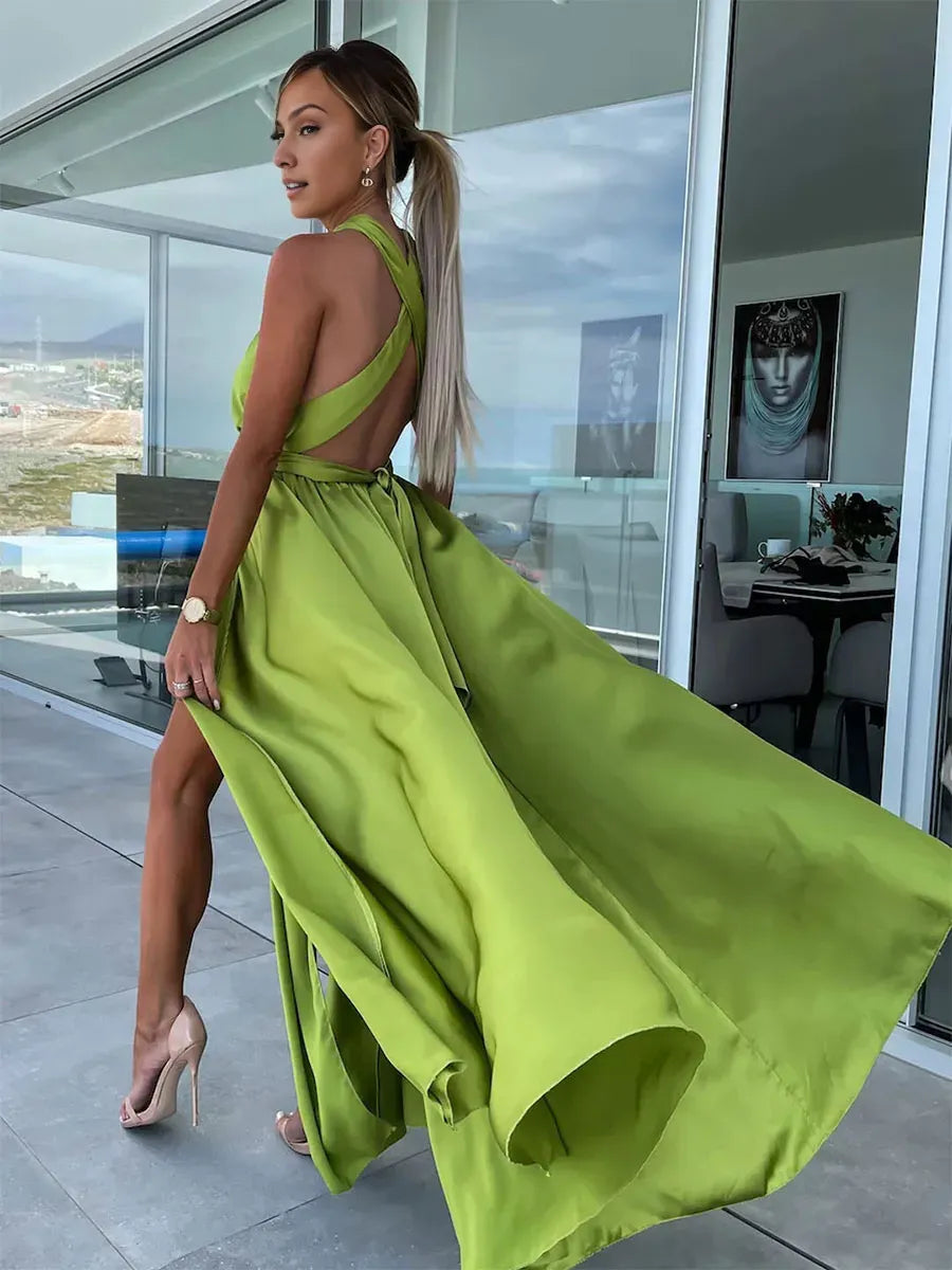 Weitese Dress Simple A-line Crisscross Maxi Dress Sleeveless Empire Waist High-Slit Prom Dresses